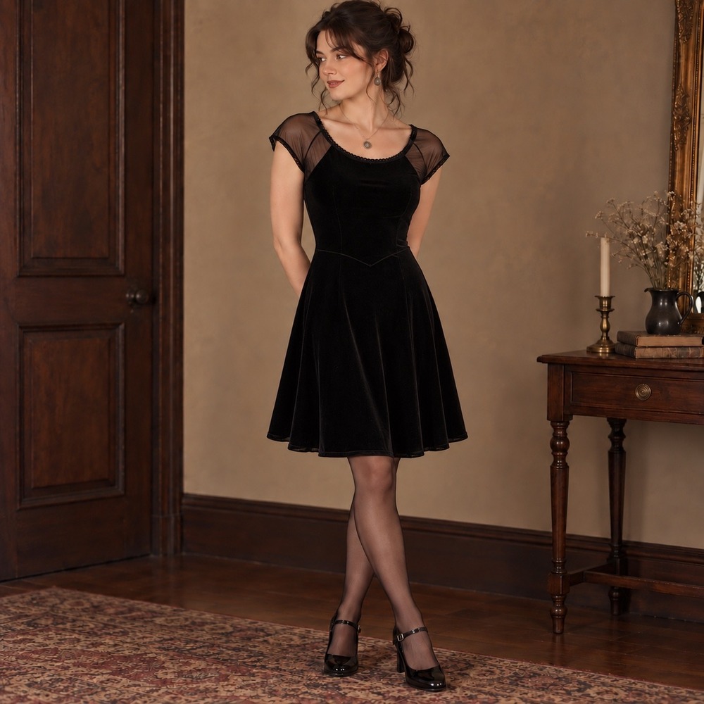 My Michelle Black Velvet Mesh Sleeve Dress Medium Vintage Y2K Whimsigoth Goth